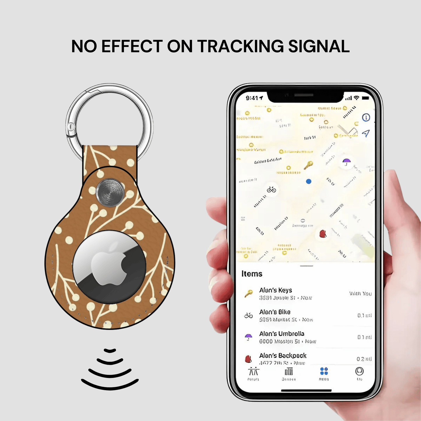 Smart keychain with tracking app on smartphone displaying location information