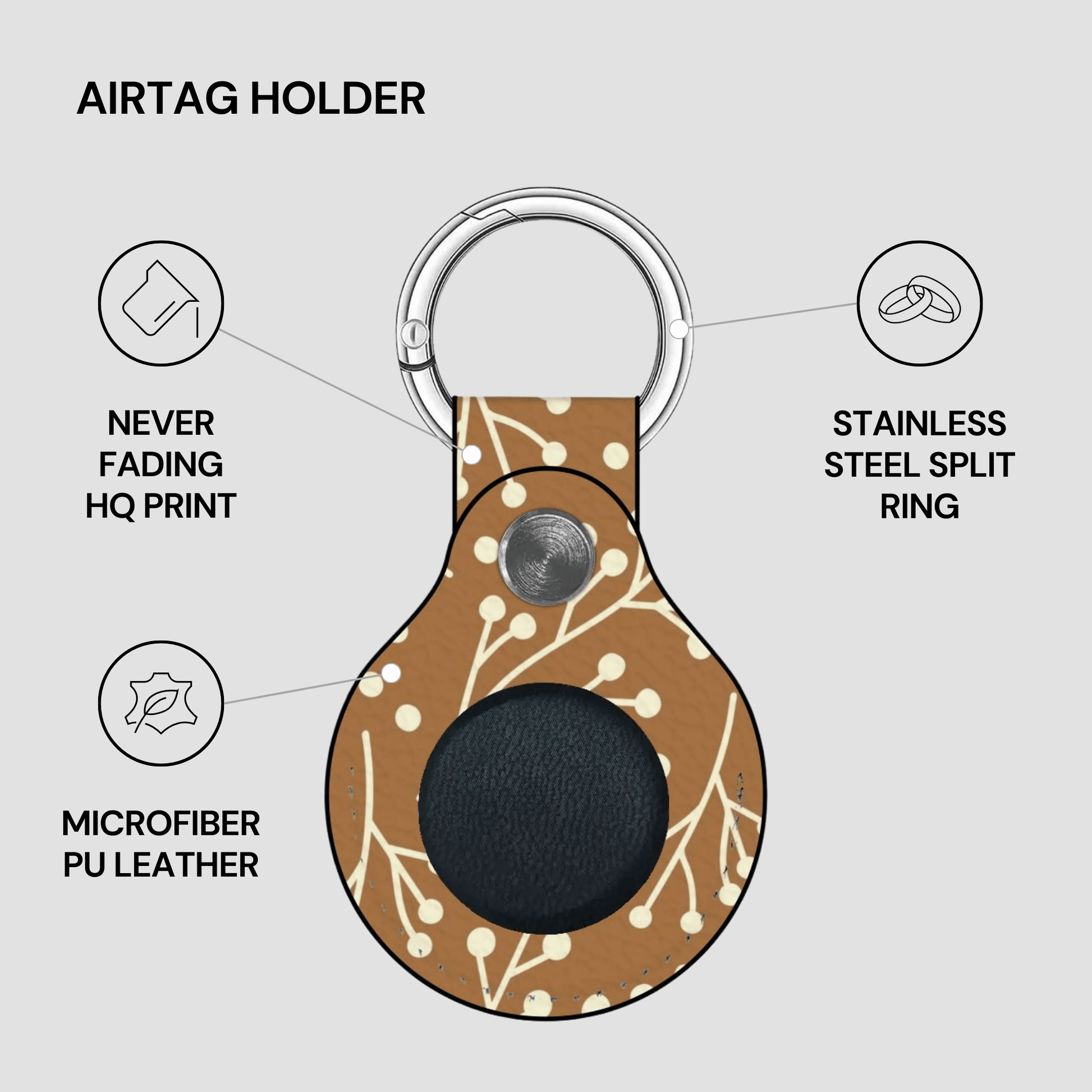 Airtag holder with features highlighted on a gray background