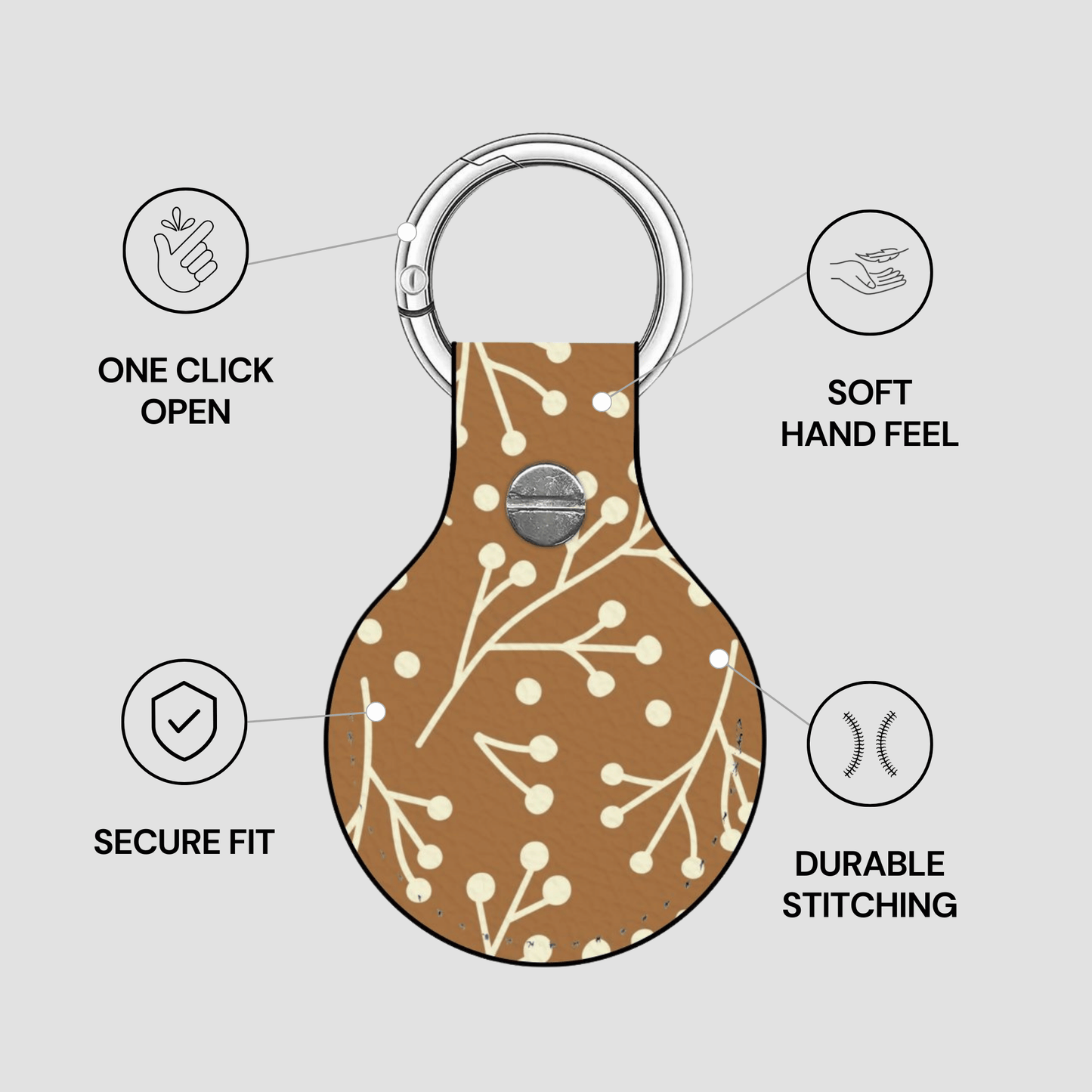 Keychain with floral pattern on a gray background, featuring text on features.