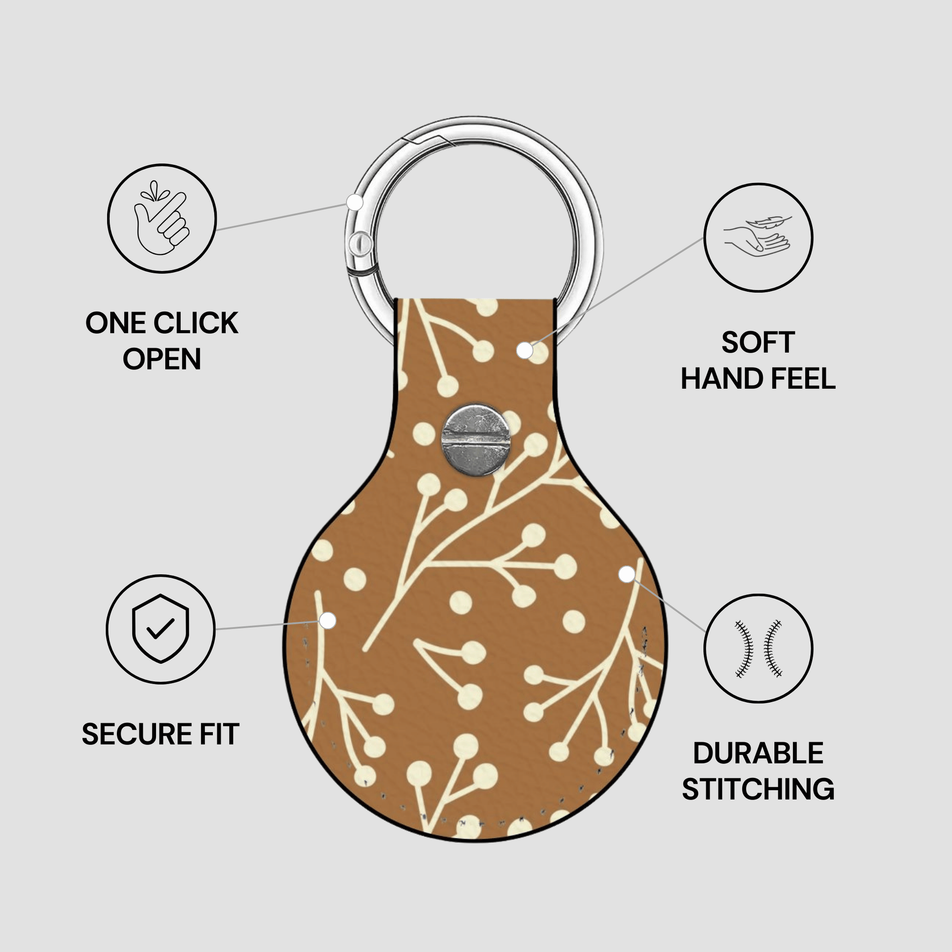 Keychain with floral pattern on a gray background, featuring text on features.
