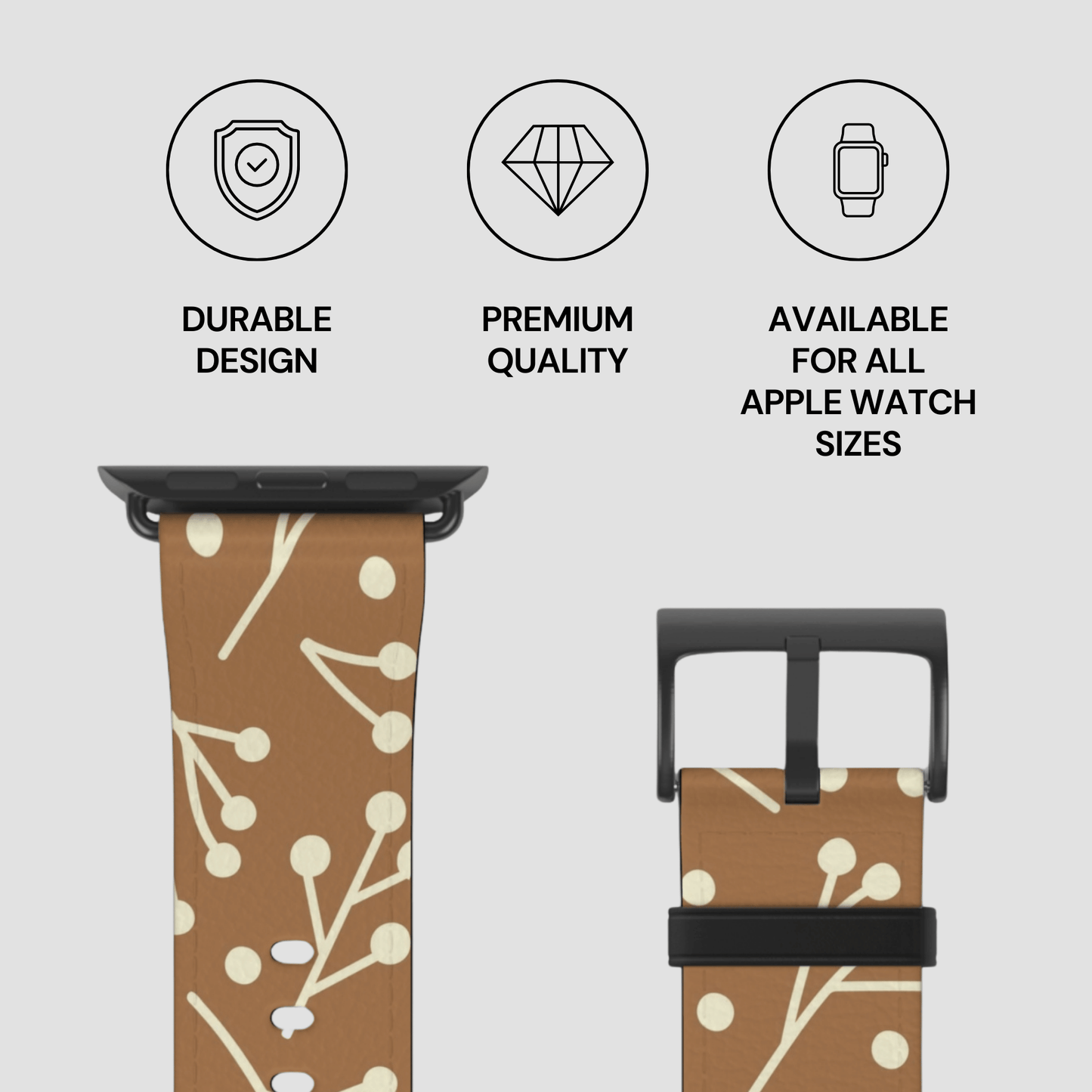 Watch strap with brown and white pattern on a light gray background with quality and availability text.