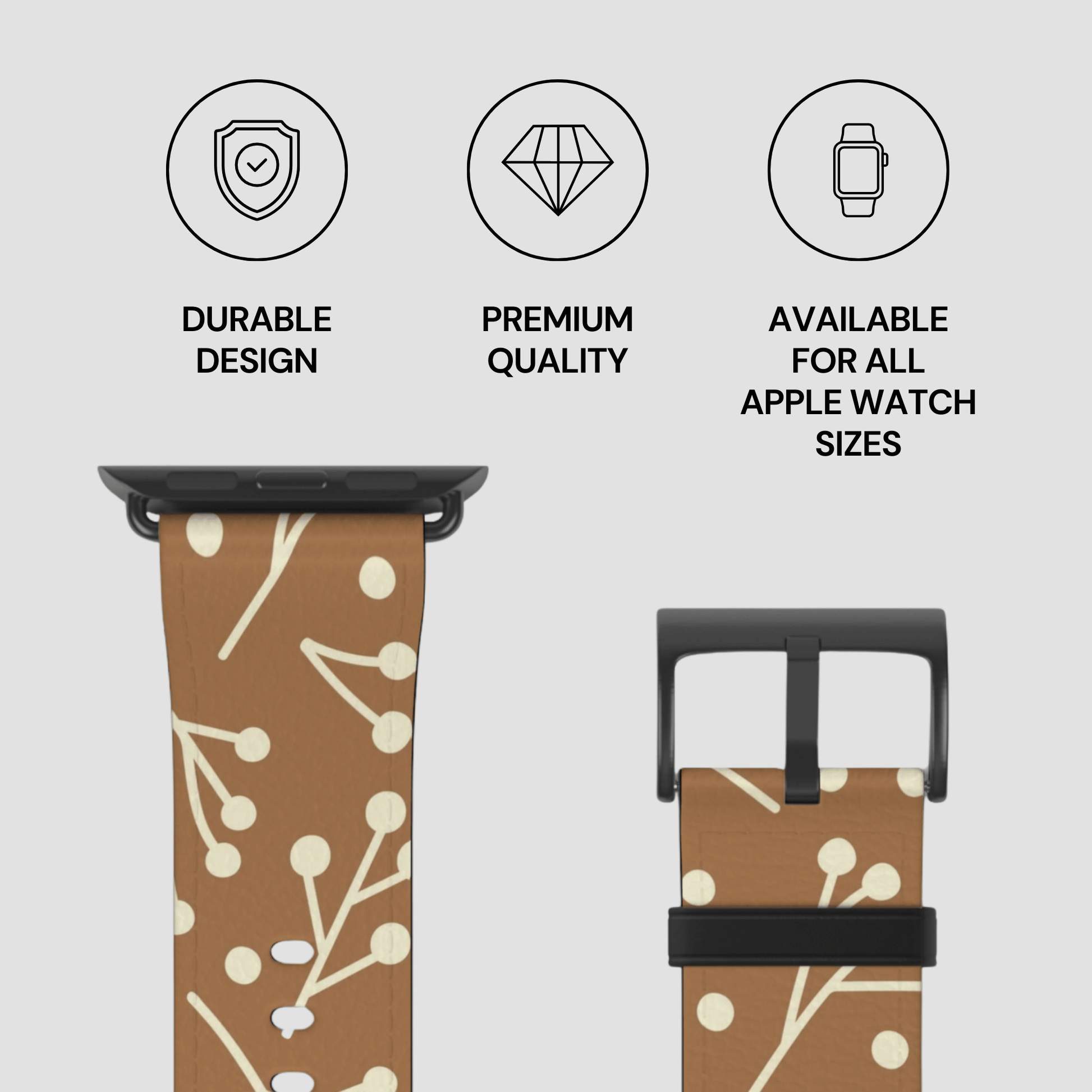 Watch strap with brown and white pattern on a light gray background with quality and availability text.