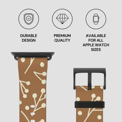 Watch strap with brown and white pattern on a light gray background with quality and availability text.