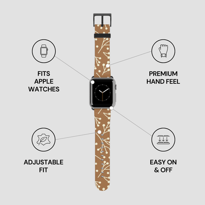 Watch band with floral pattern on a gray background with feature icons.