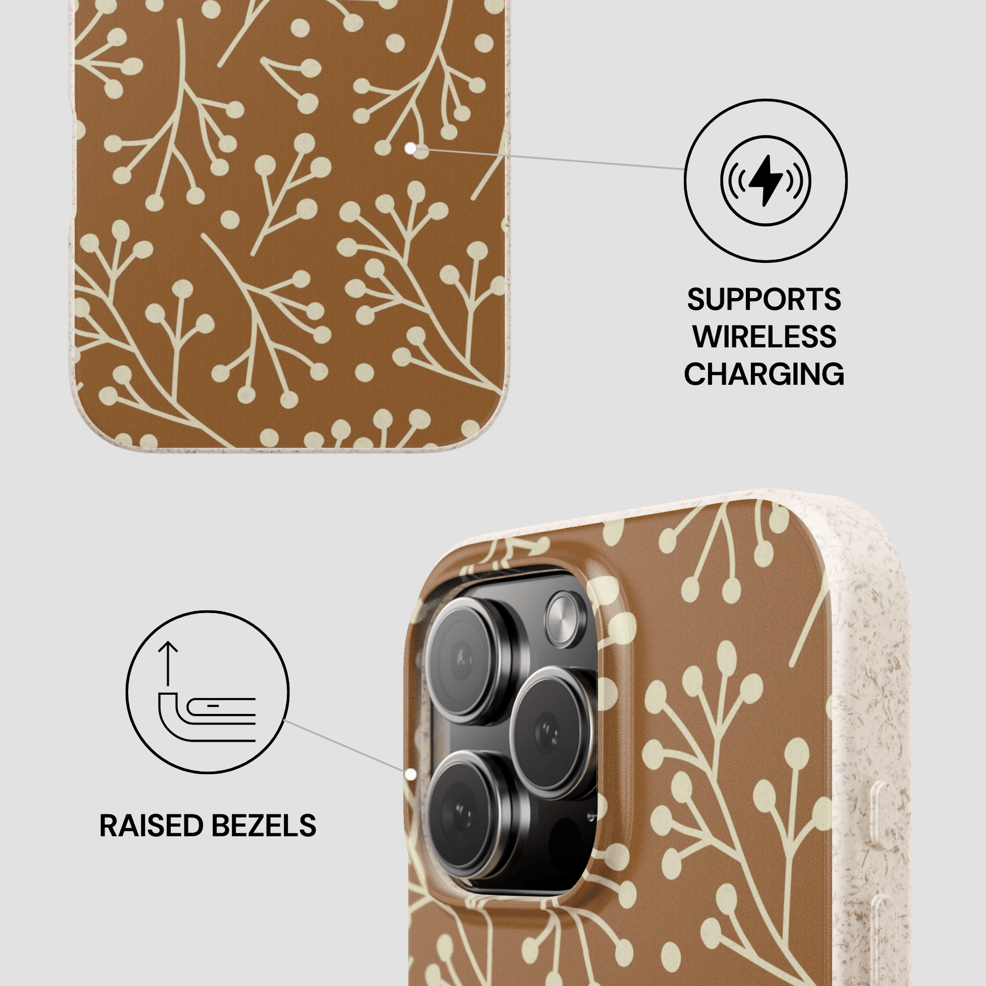 Phone case with floral pattern and wireless charging symbol on a white background