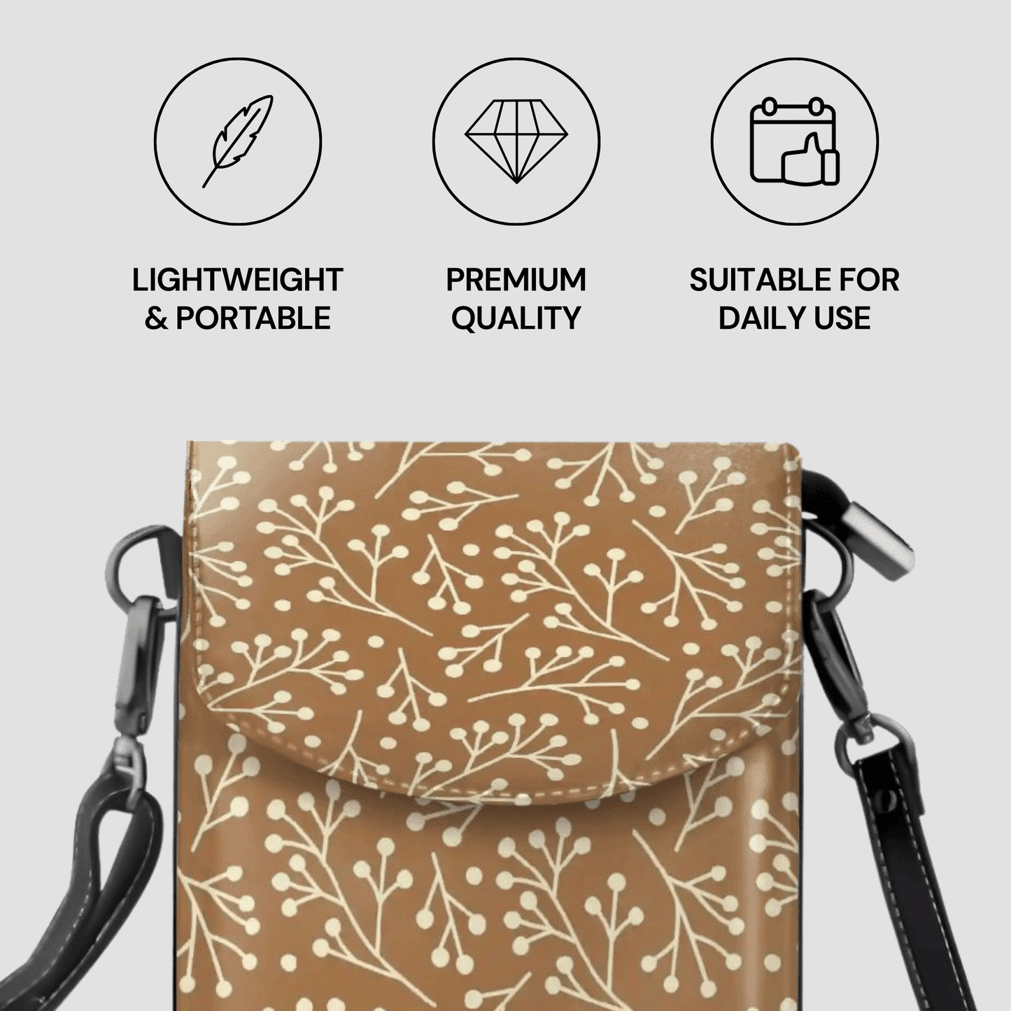 Brown patterned bag with black straps on a light gray background, featuring icons and text about product attributes.