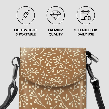 Brown patterned bag with black straps on a light gray background, featuring icons and text about product attributes.