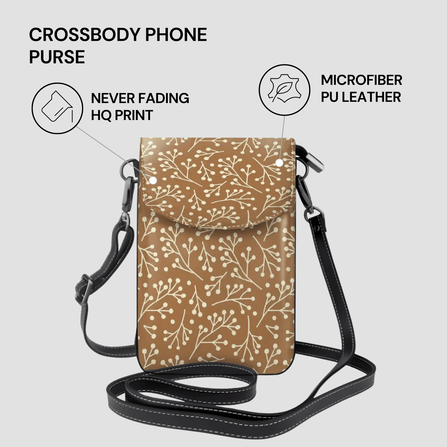 Crossbody phone purse with floral pattern on a light gray background