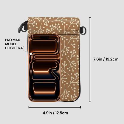 Phone case with floral pattern and dimensions labeled on a gray background