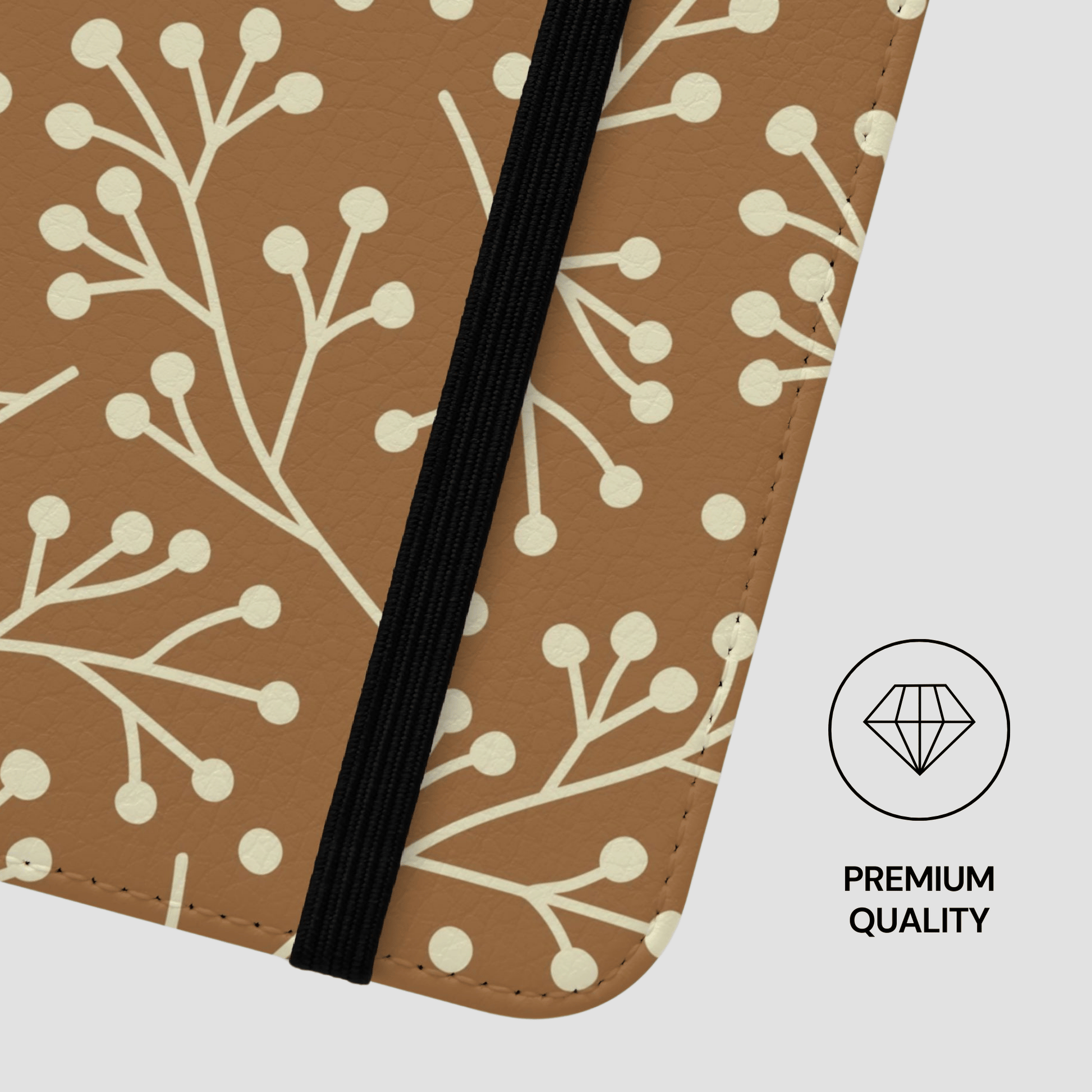 Product with brown pattern and black strap on a white background, featuring a 'Premium Quality' label.
