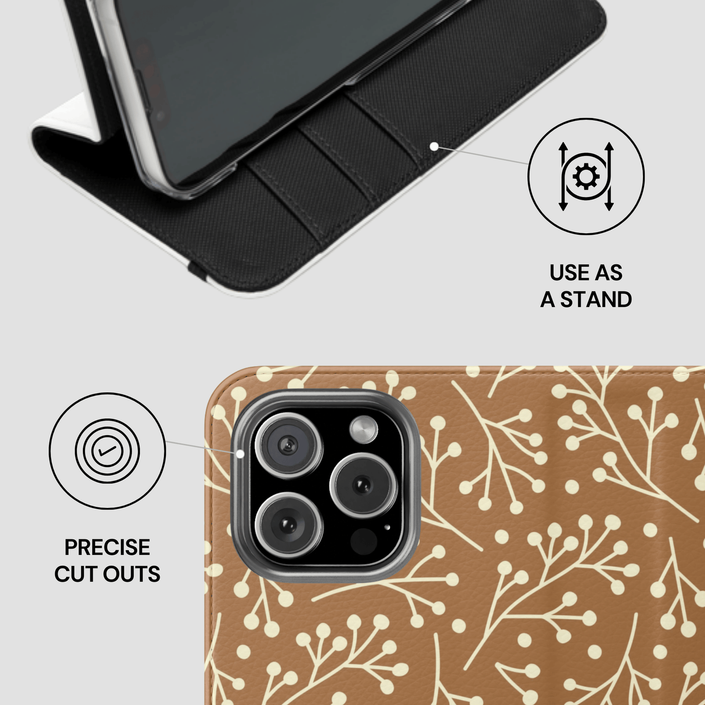 Phone case with floral pattern and features highlighted on a white background