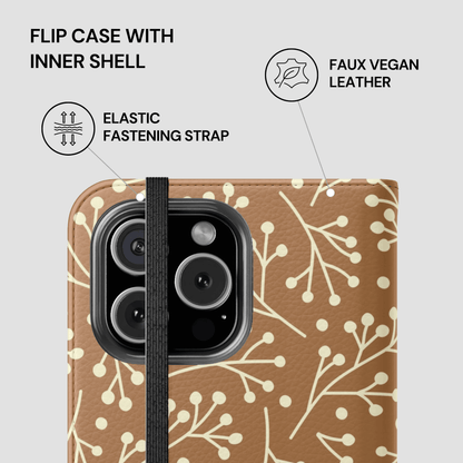Flip case with inner shell featuring a floral pattern on a light gray background