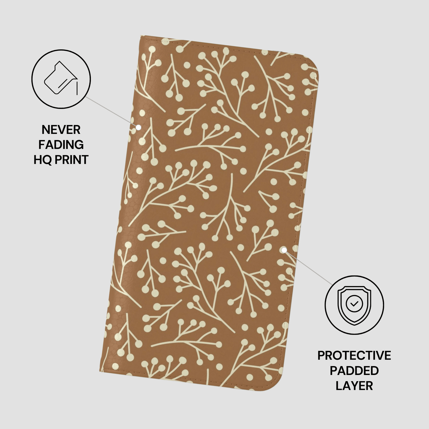 Brown patterned product with protective padding features on a light gray background