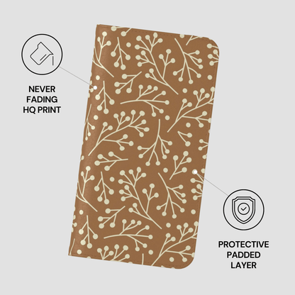 Brown patterned product with protective padding features on a light gray background