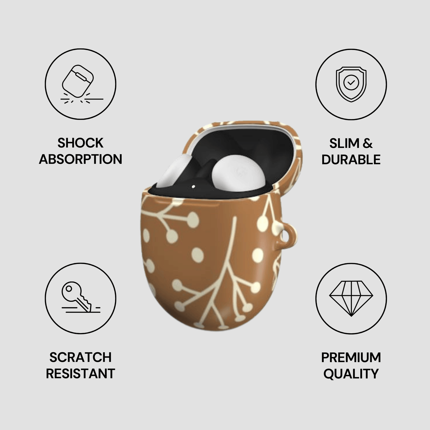 Brown case with white polka dots and text highlighting features on a light gray background