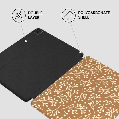 Tablet case with double layer and polycarbonate shell features on a light gray background