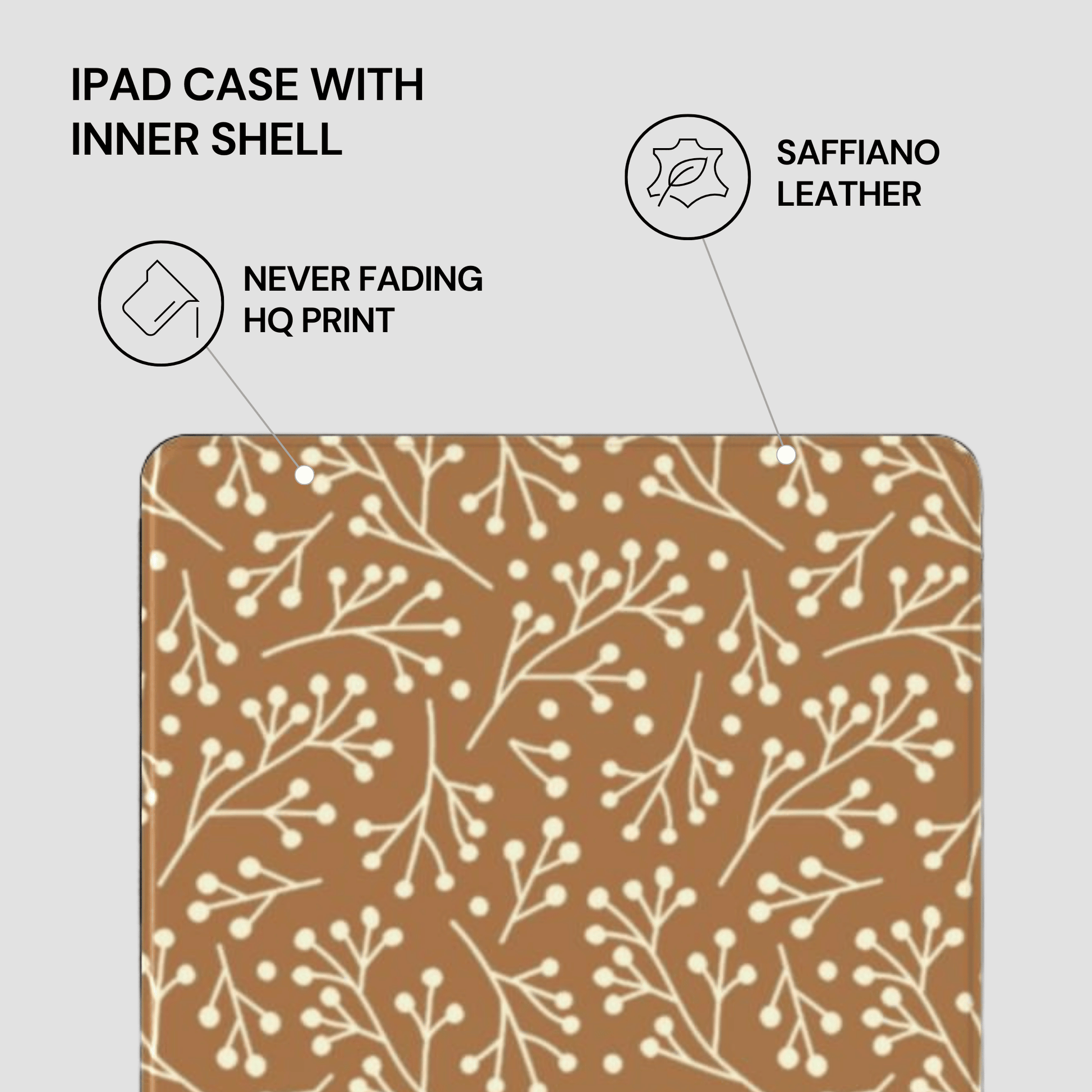 IPAD CASE WITH INNER SHELL featuring saffiano leather, never fading HQ print on a brown background with white floral pattern.