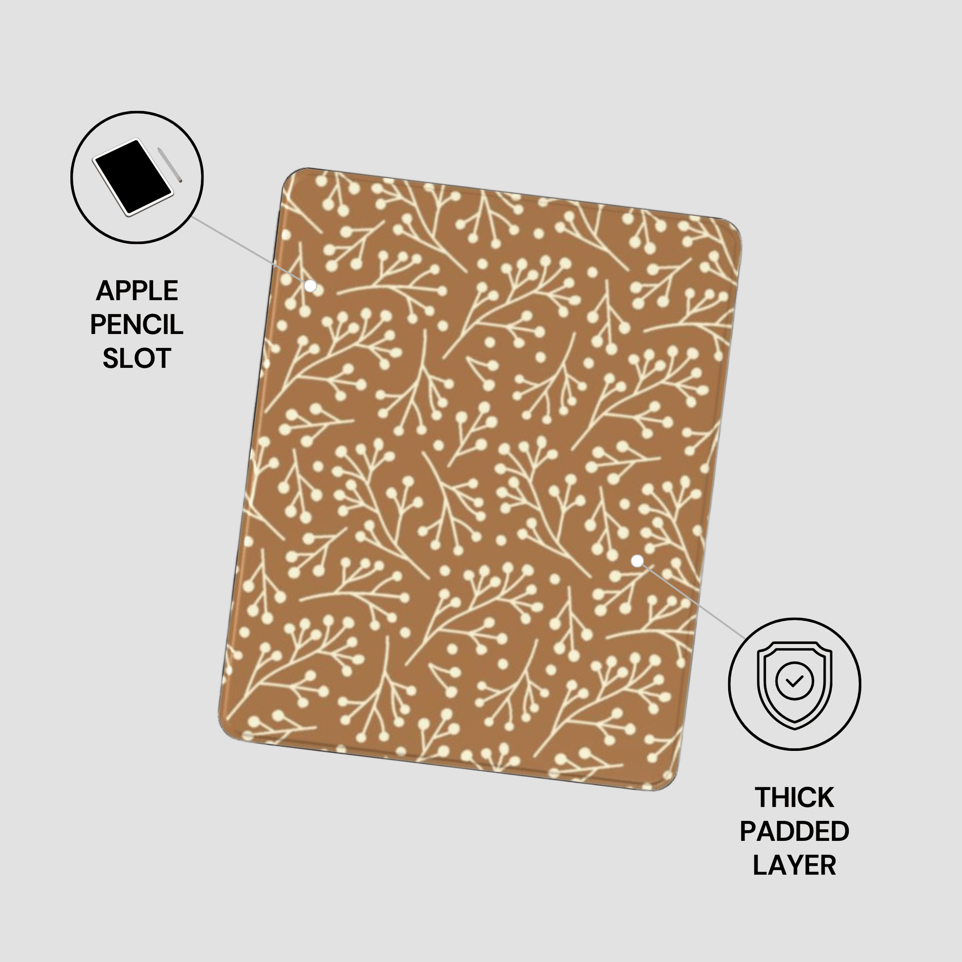 Patterned case with Apple Pencil slot and thick padded layer on a light gray background