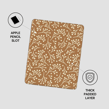 Patterned case with Apple Pencil slot and thick padded layer on a light gray background