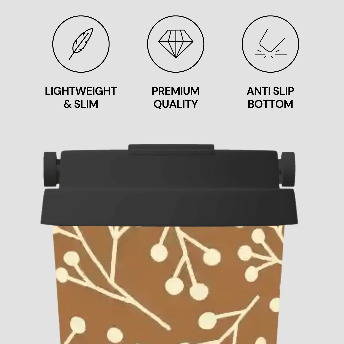 Black lid on a brown cup with white patterns, featuring icons and text about product features.