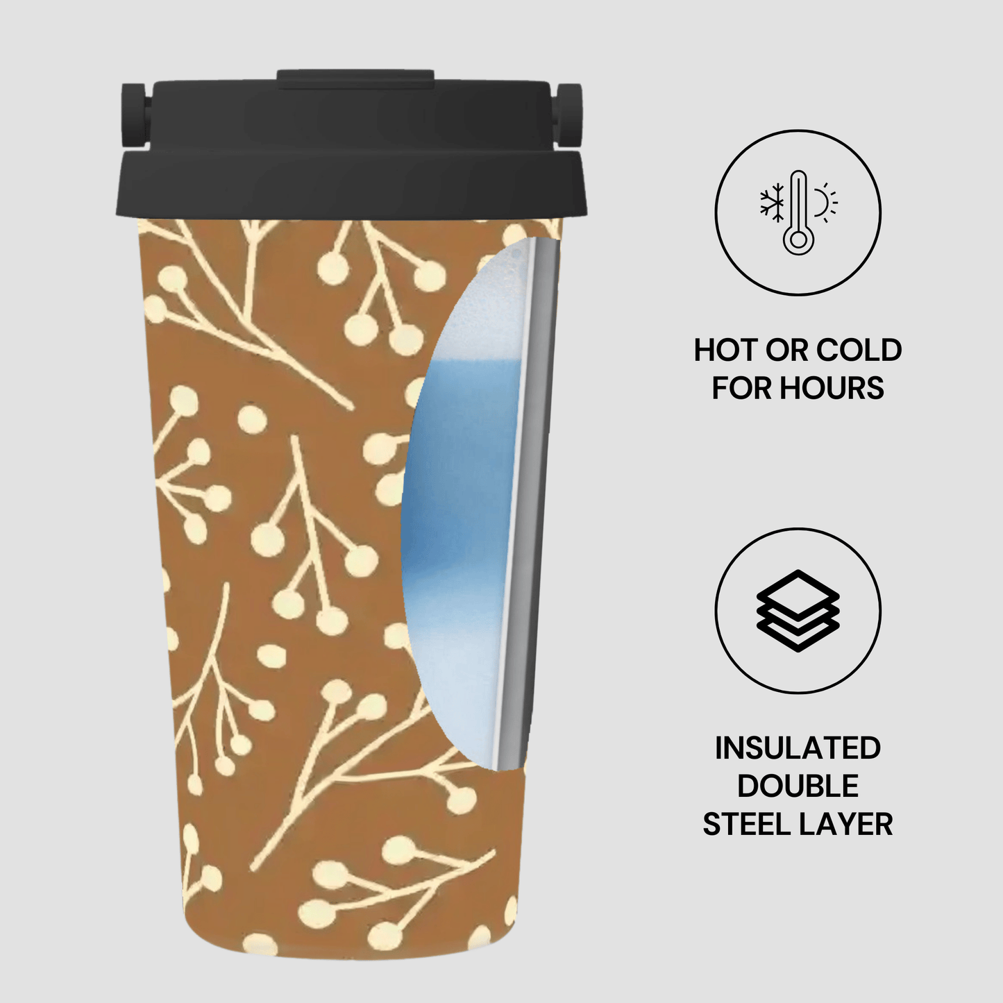 Insulated tumbler with floral pattern and text highlighting features on a light gray background