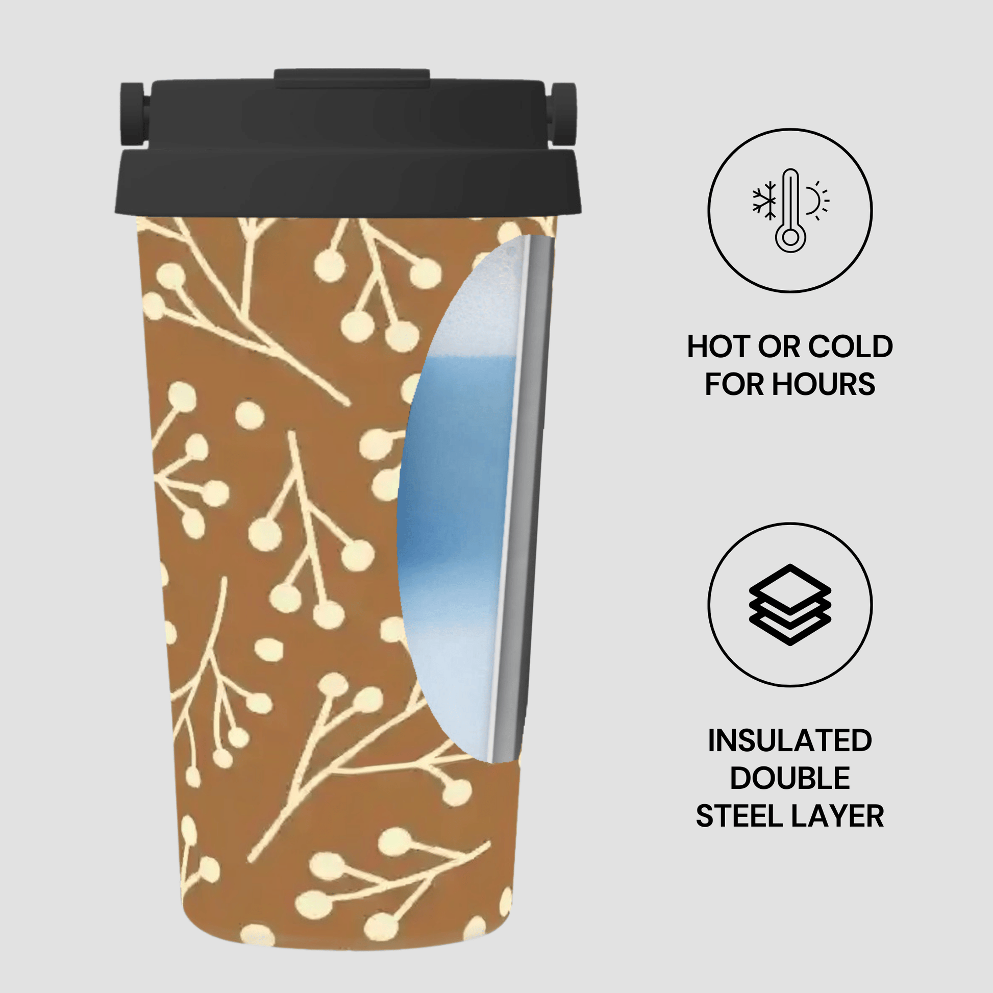 Insulated tumbler with floral pattern and text highlighting features on a light gray background