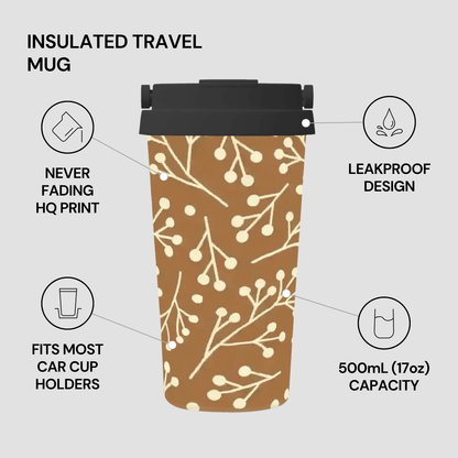 Insulated travel mug with leaf pattern on a gray background, featuring text about its features.