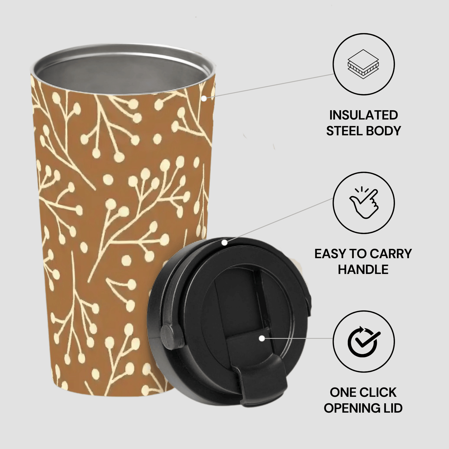 Brown patterned tumbler with black lid on a light gray background