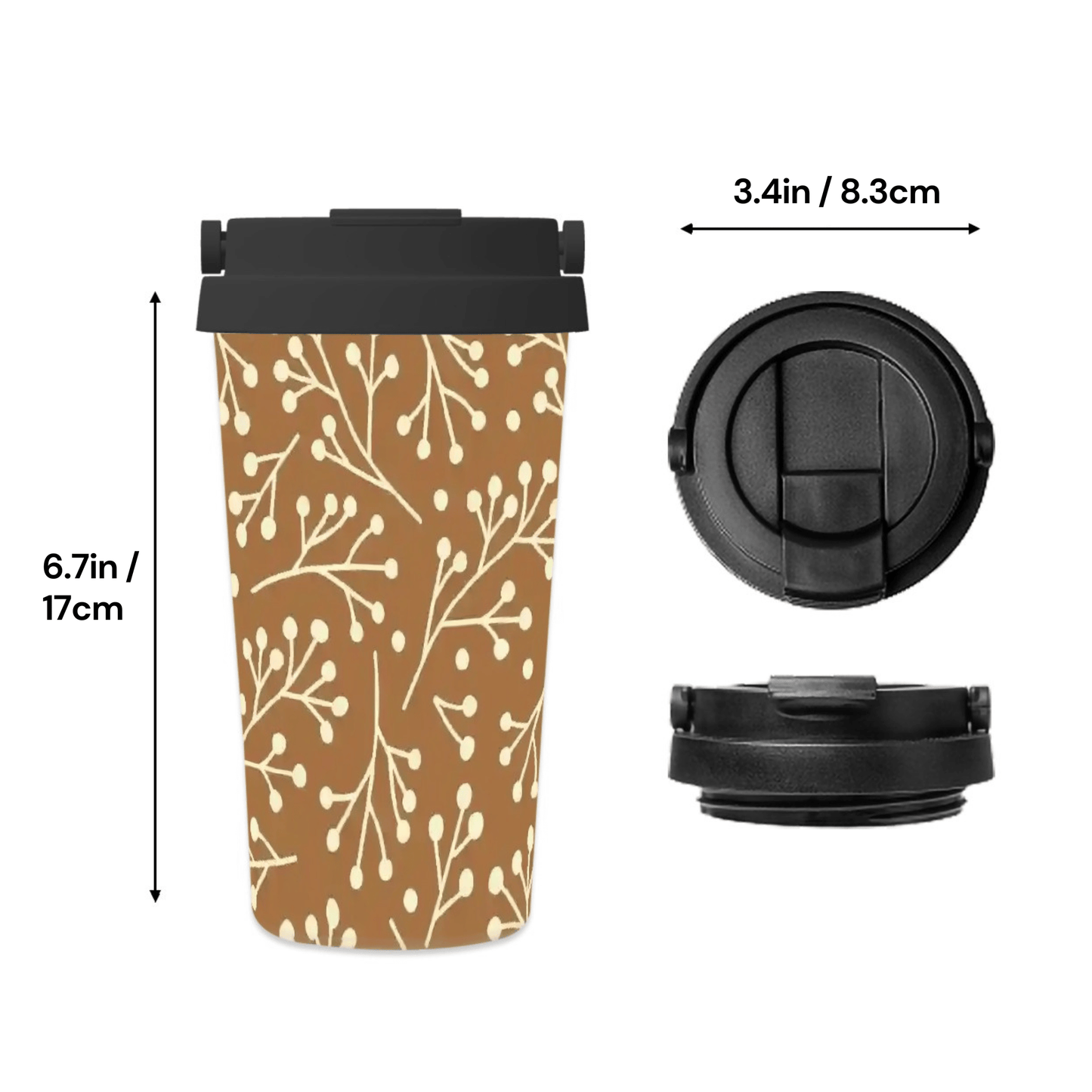 Travel mug with brown pattern and black lid, shown with measurements on a white background