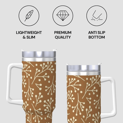 Two travel mugs with a floral pattern on a gray background, featuring icons and text about features.
