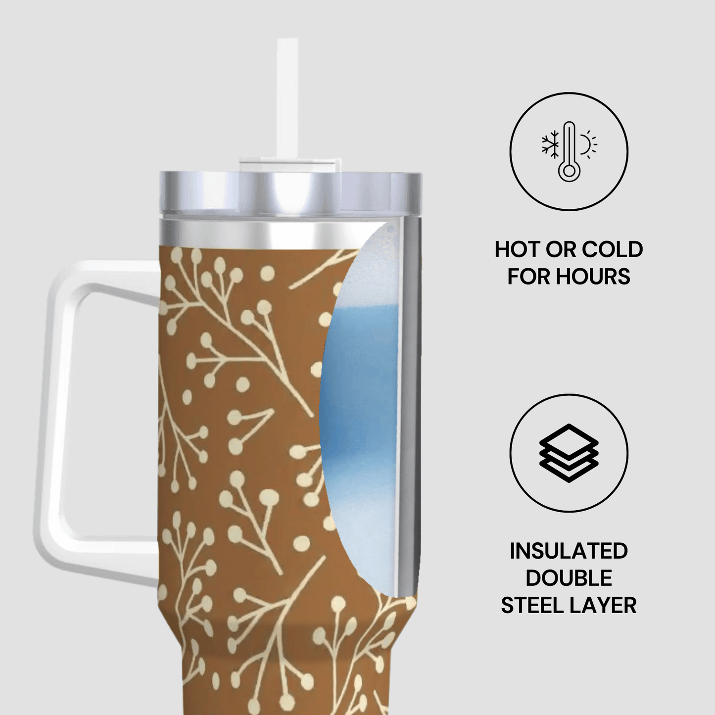 Insulated tumbler with floral design on a white background