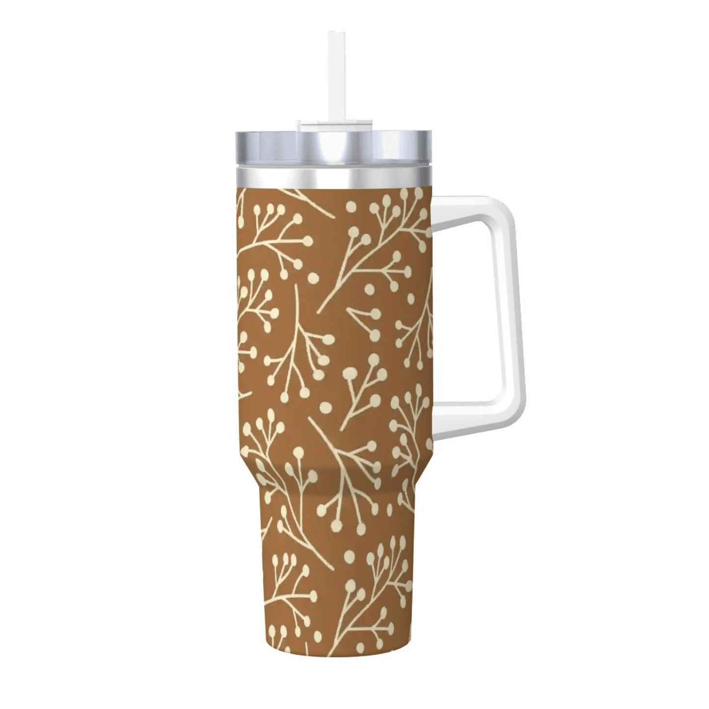 Tumbler with floral pattern and handle on a white background