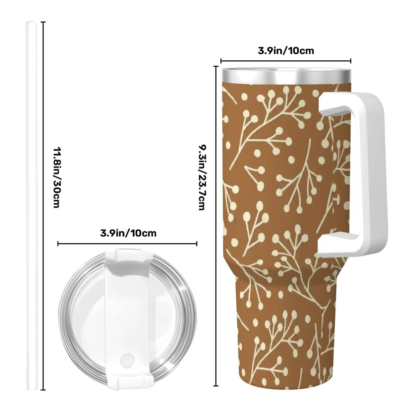 Brown tumbler with white floral pattern and measurements on a white background