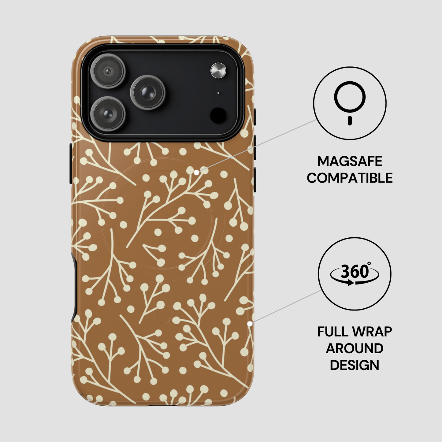 Phone case with floral pattern and Magsafe compatibility on a light gray background