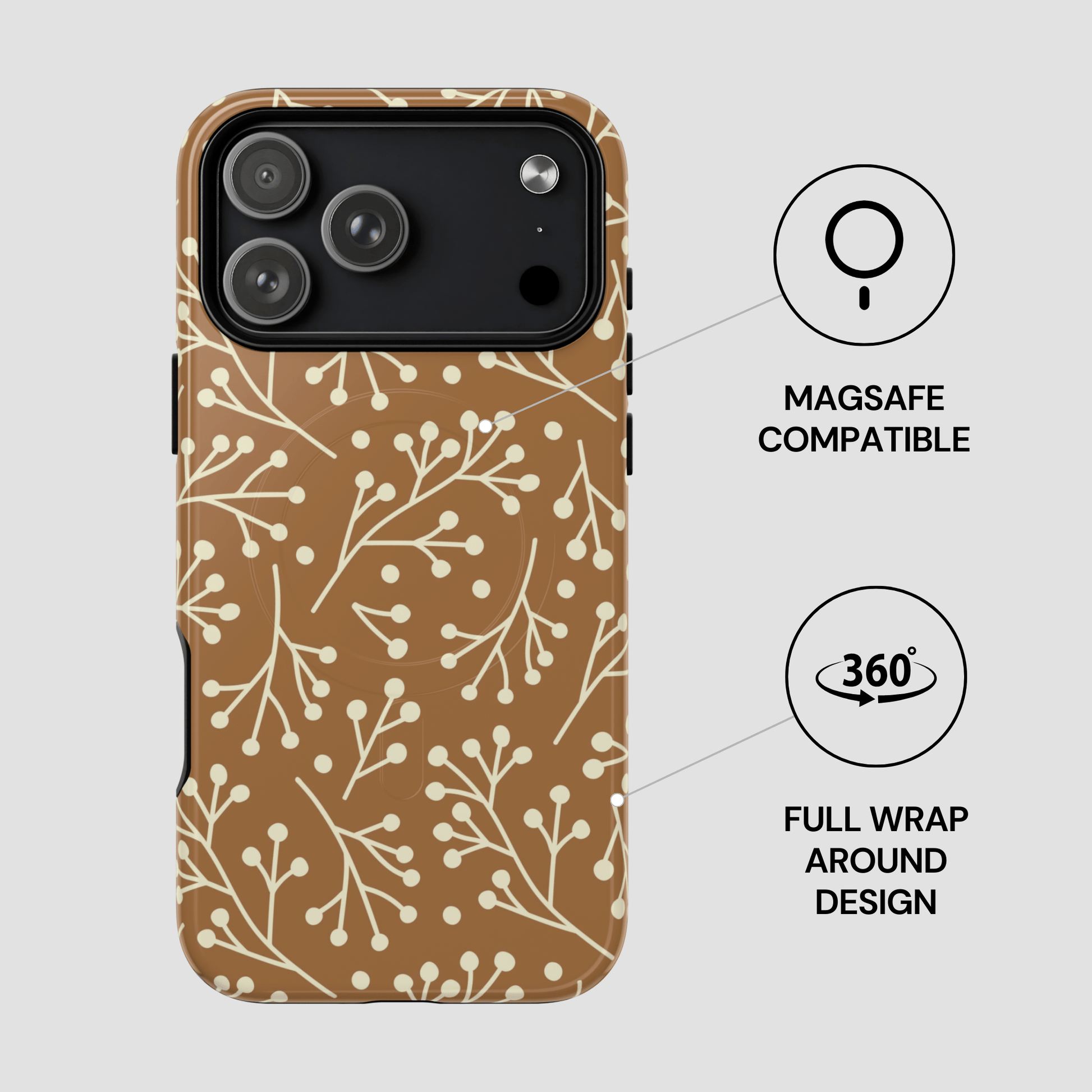 Phone case with floral pattern and Magsafe compatibility on a light gray background