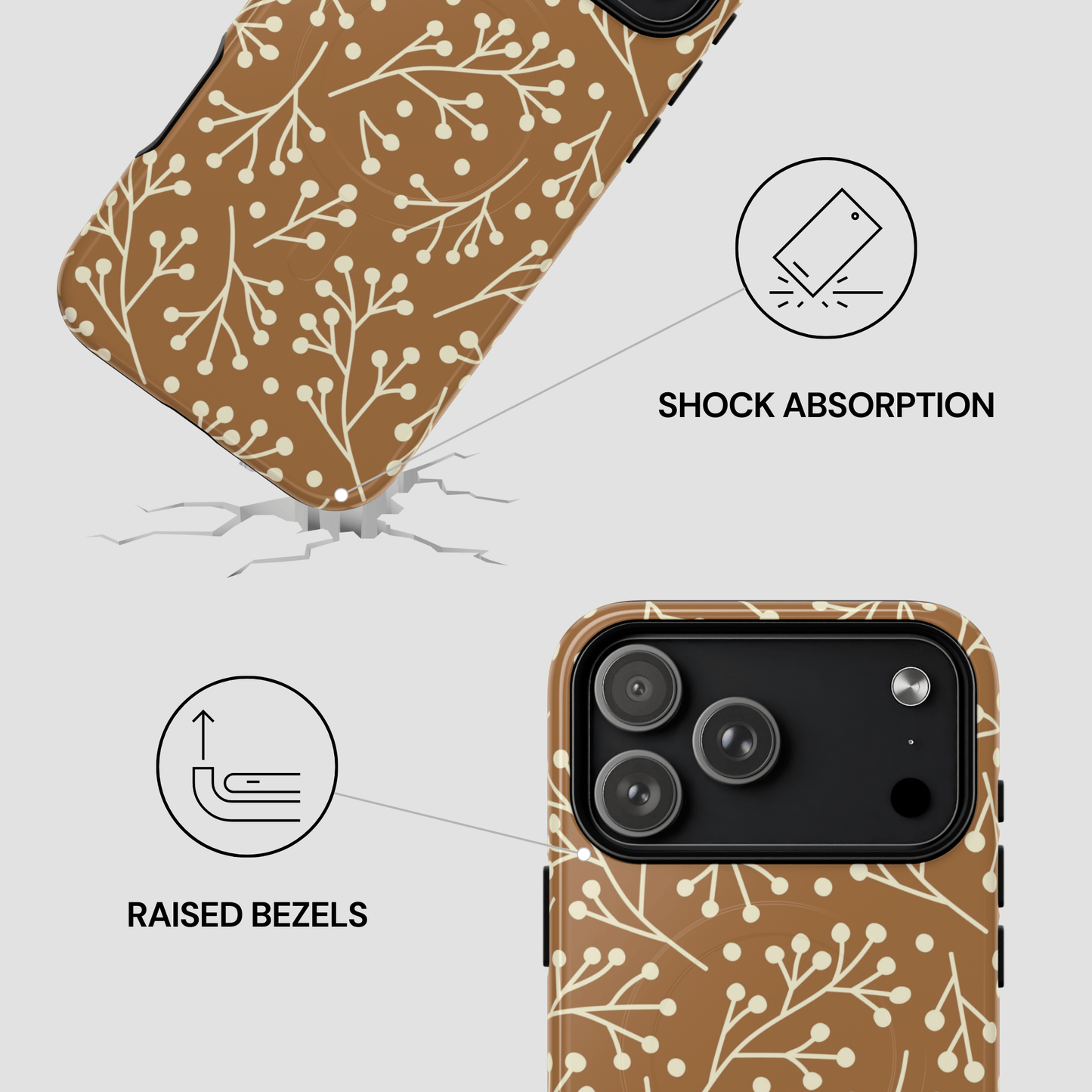 Phone case with brown and beige floral pattern, showing features like shock absorption and raised bezels.