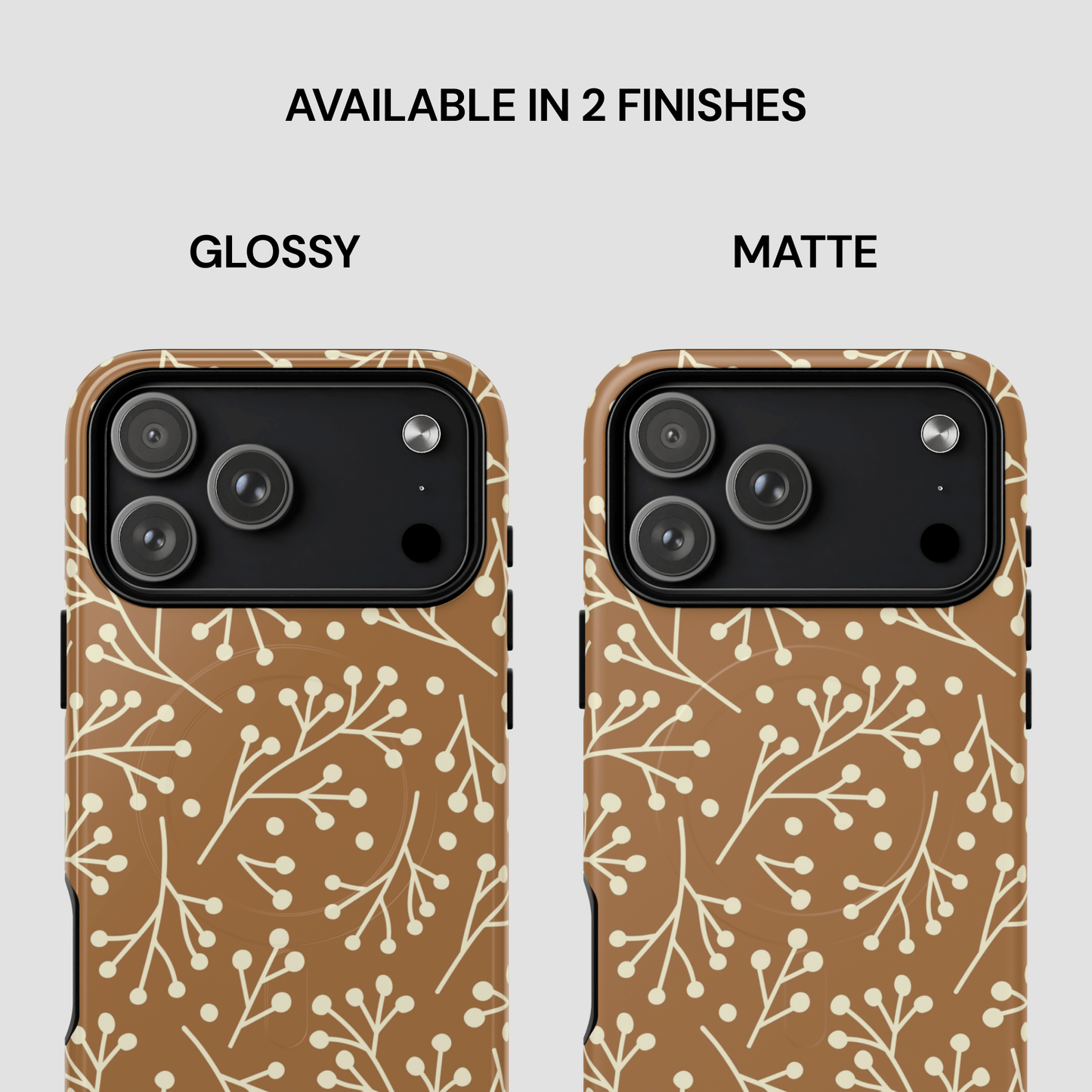 Two phone cases with a floral pattern, one glossy and one matte, on a light gray background.