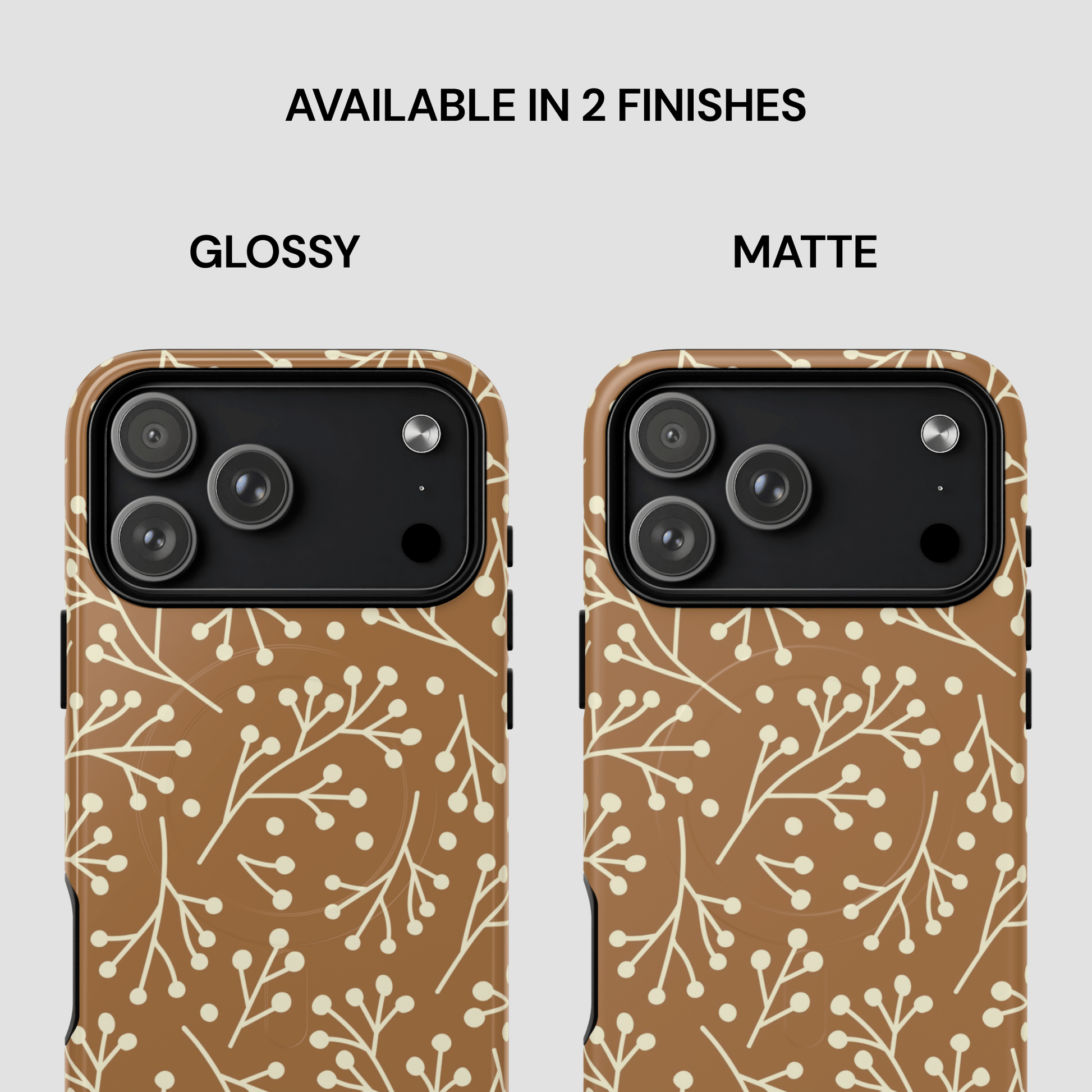 Two phone cases with a floral pattern, one glossy and one matte, on a light gray background.
