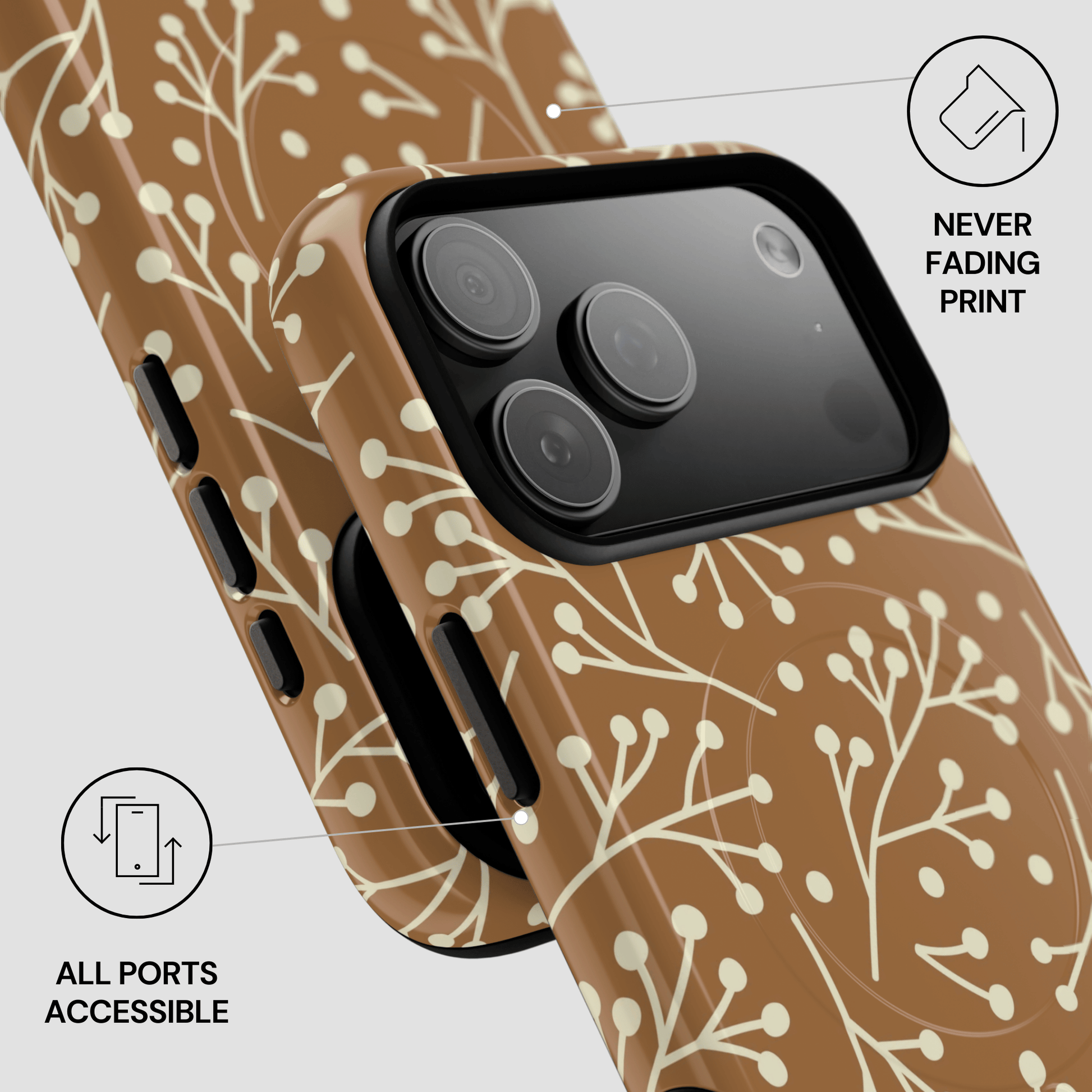 Phone case with floral pattern and text indicating 'Never Fading Print' and 'All Ports Accessible'.