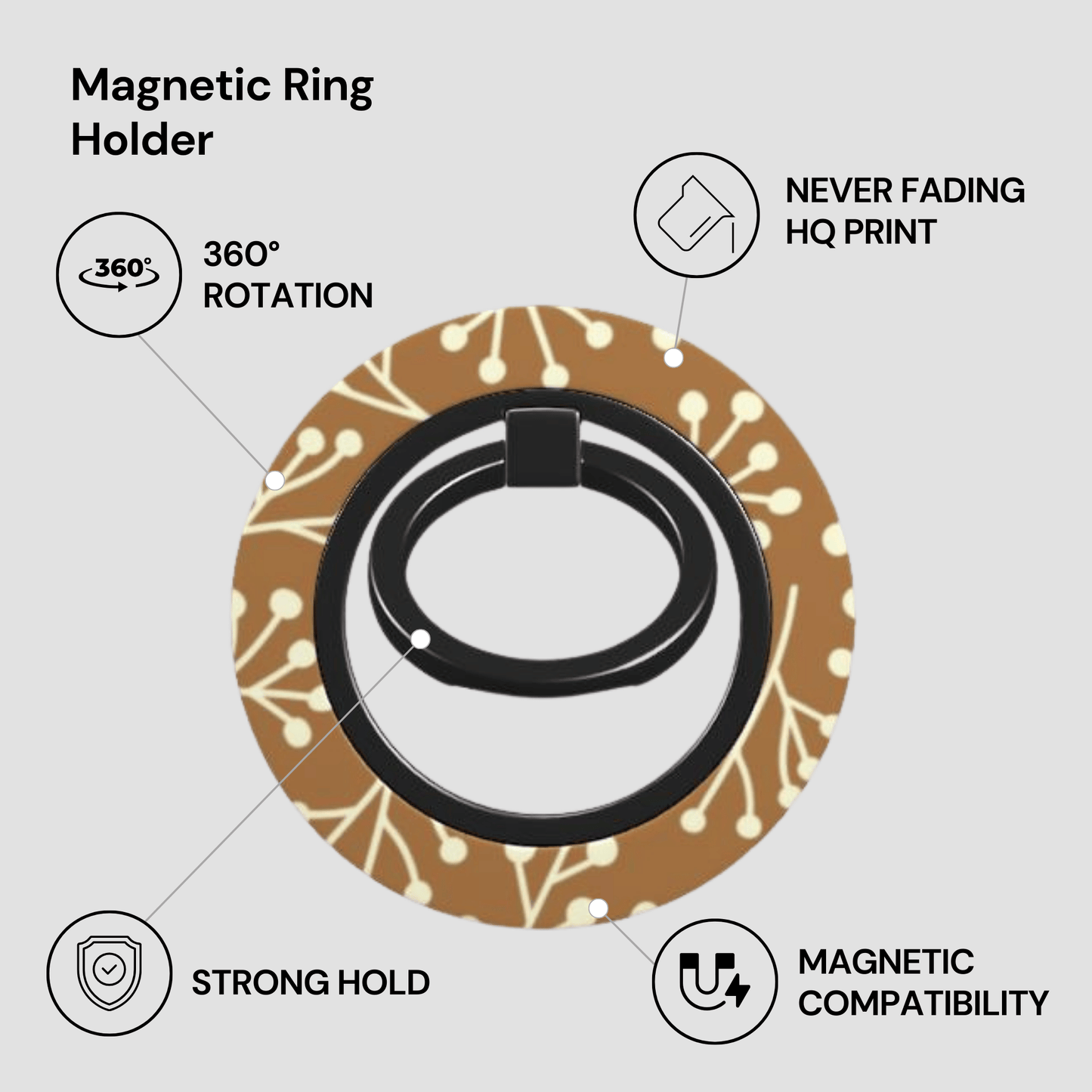 Magnetic ring holder with features highlighted on a light gray background