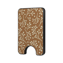 Caramel Meadow Magnetic Wallet with cream botanical pattern on a caramel brown background