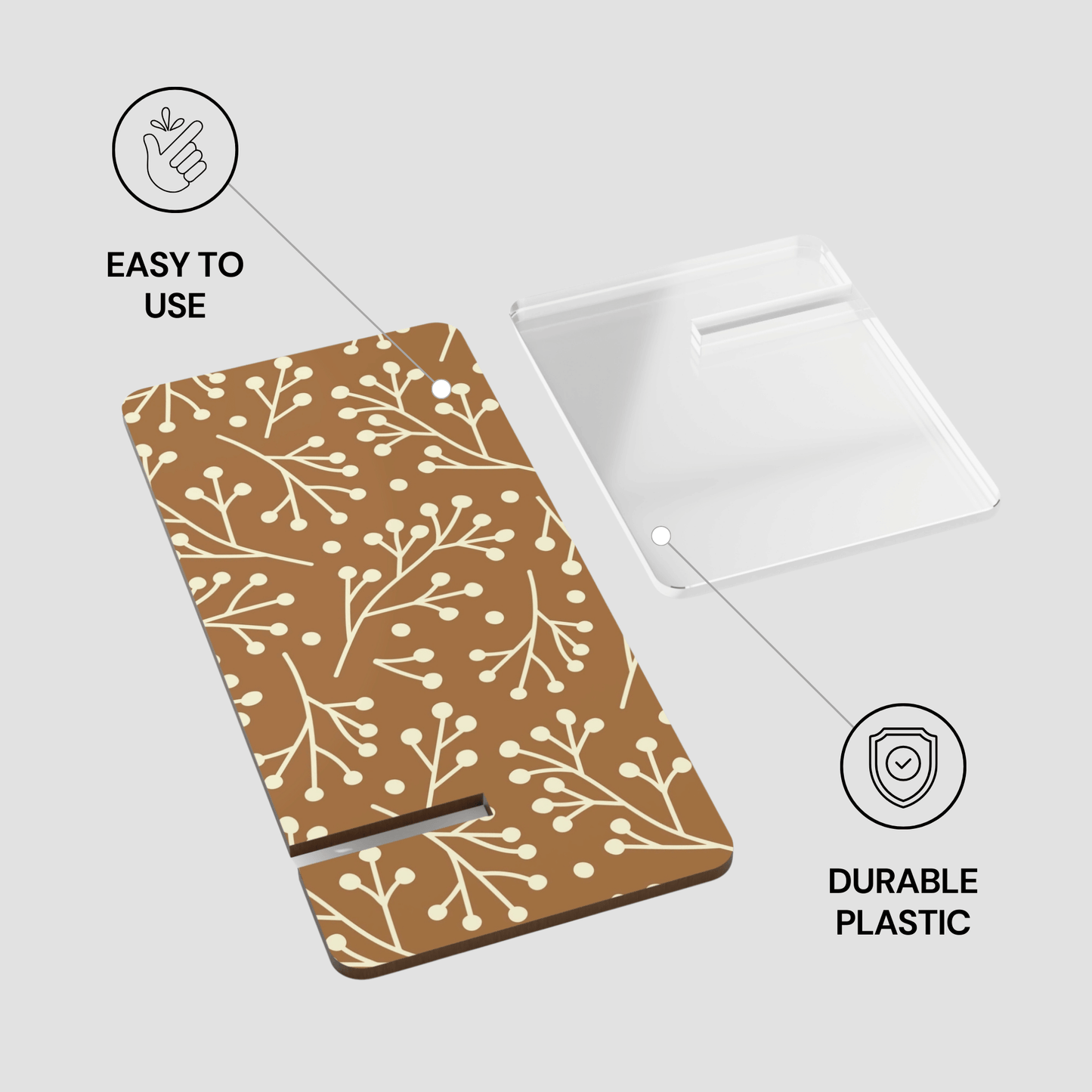 Notebook with a floral pattern on a white background, labeled 'Easy to use' and 'Durable plastic'.
