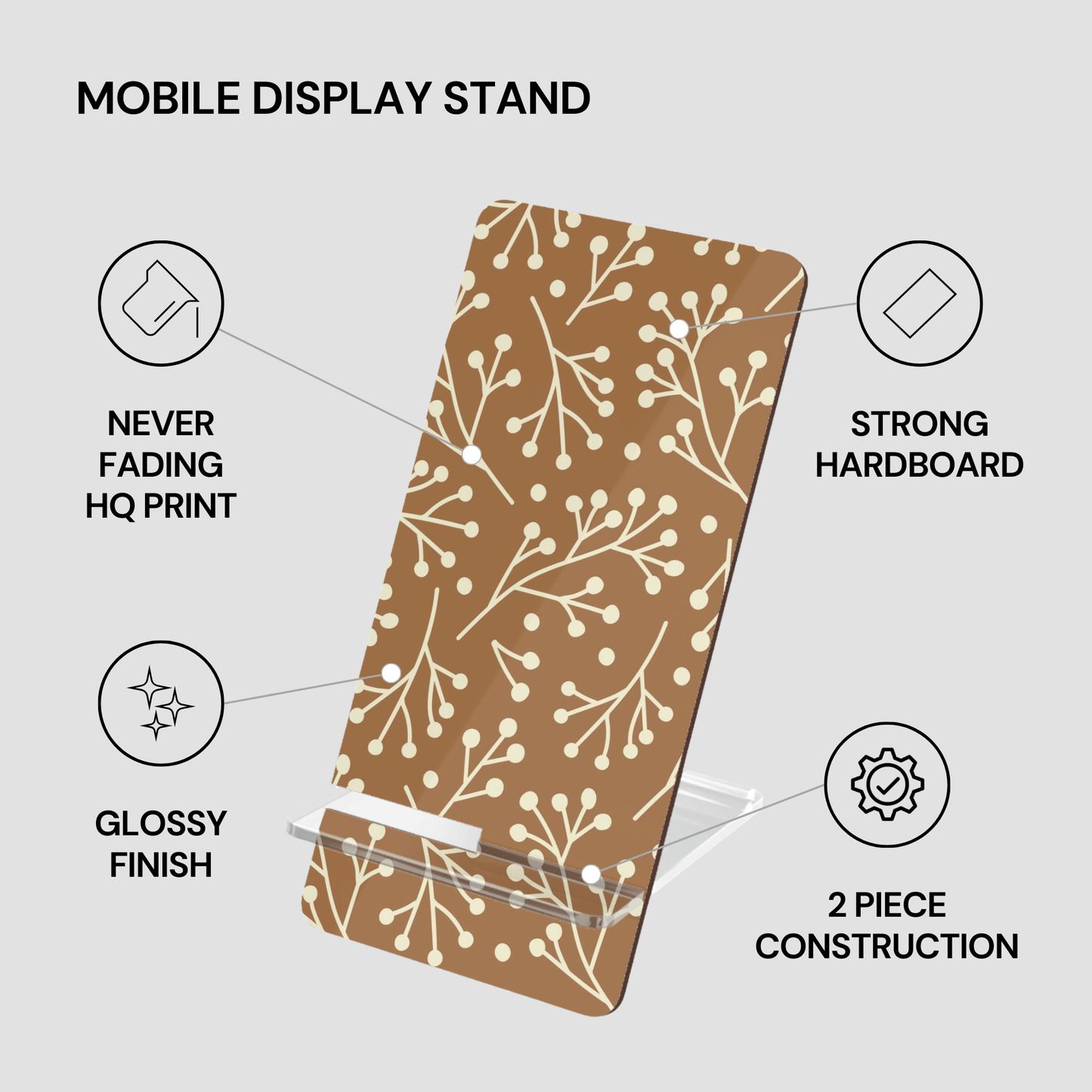 Mobile display stand with floral pattern on a gray background, featuring text about its features.