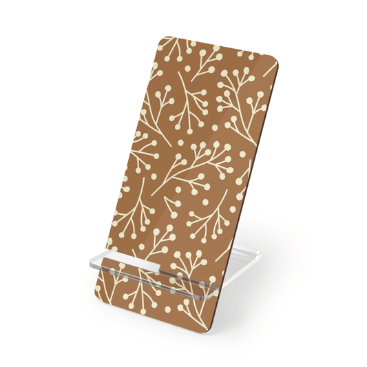 Phone stand with brown floral pattern on a white background