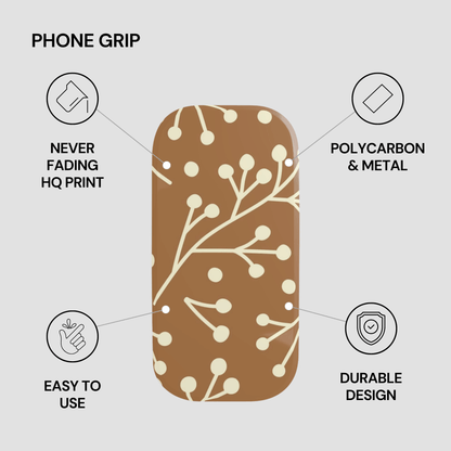 Phone grip with floral design and feature text on a light gray background