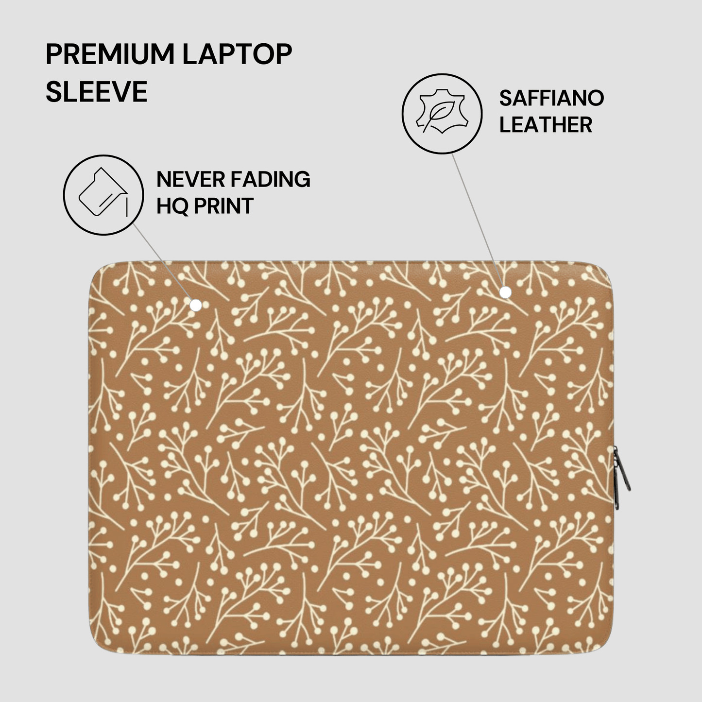 Laptop sleeve with floral pattern and text highlighting features on a light gray background