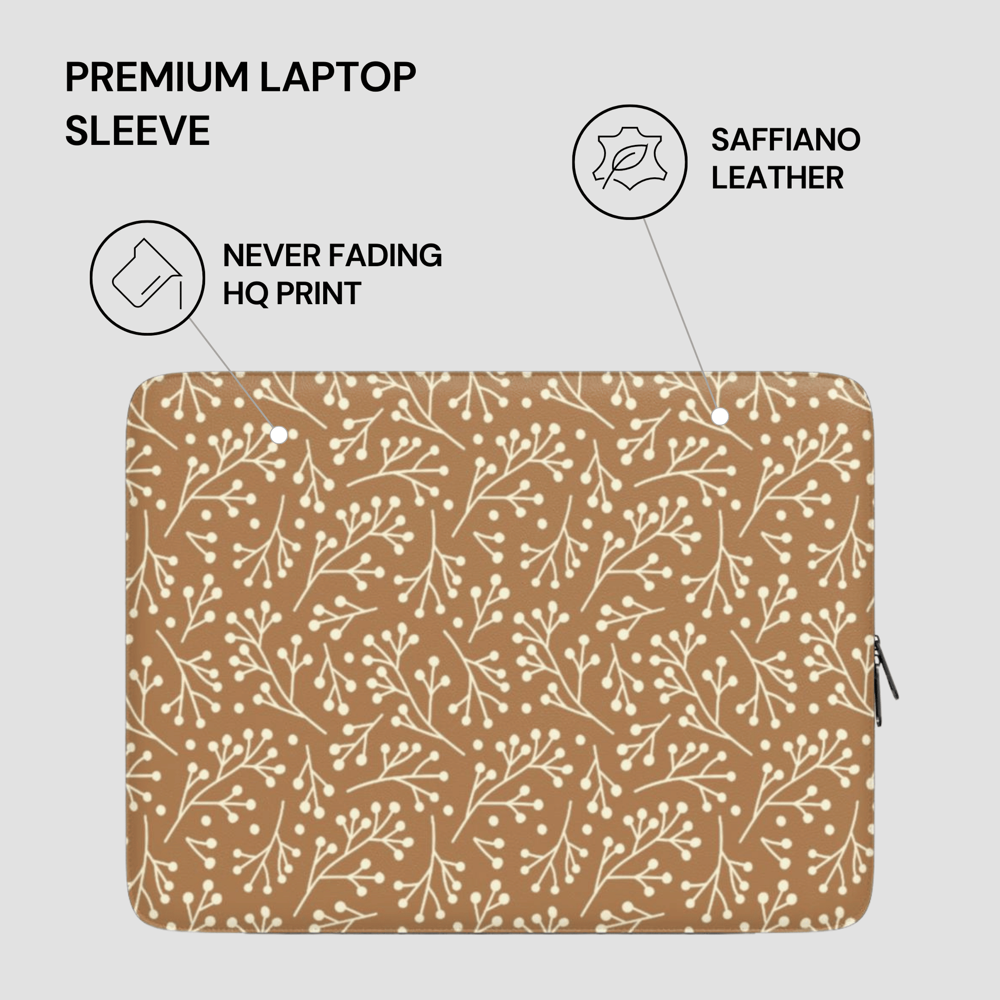 Laptop sleeve with floral pattern and text highlighting features on a light gray background