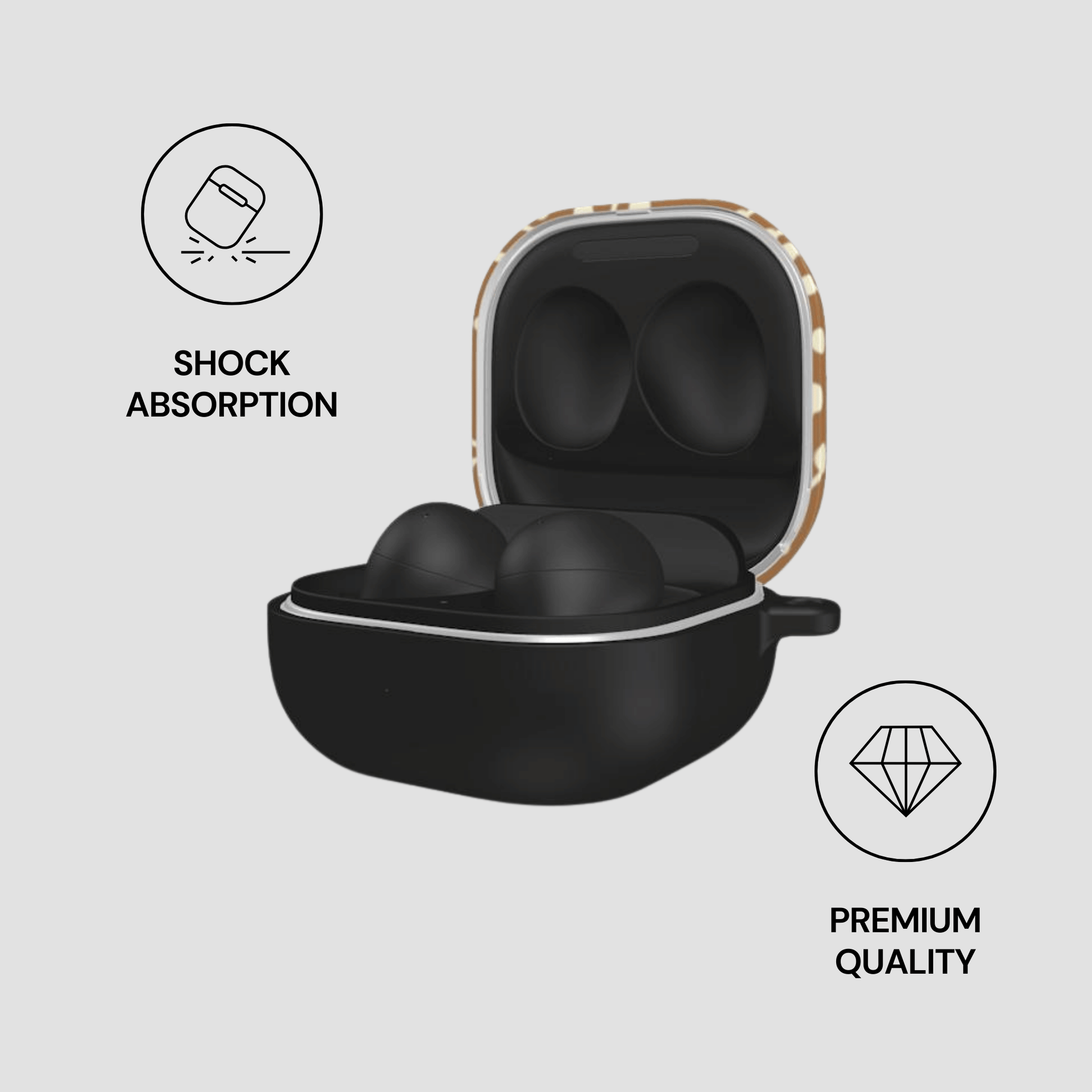 Black earbud case with open lid on a light gray background, featuring icons for shock absorption and premium quality.