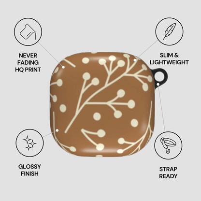 Brown case with white floral pattern and feature icons on a gray background