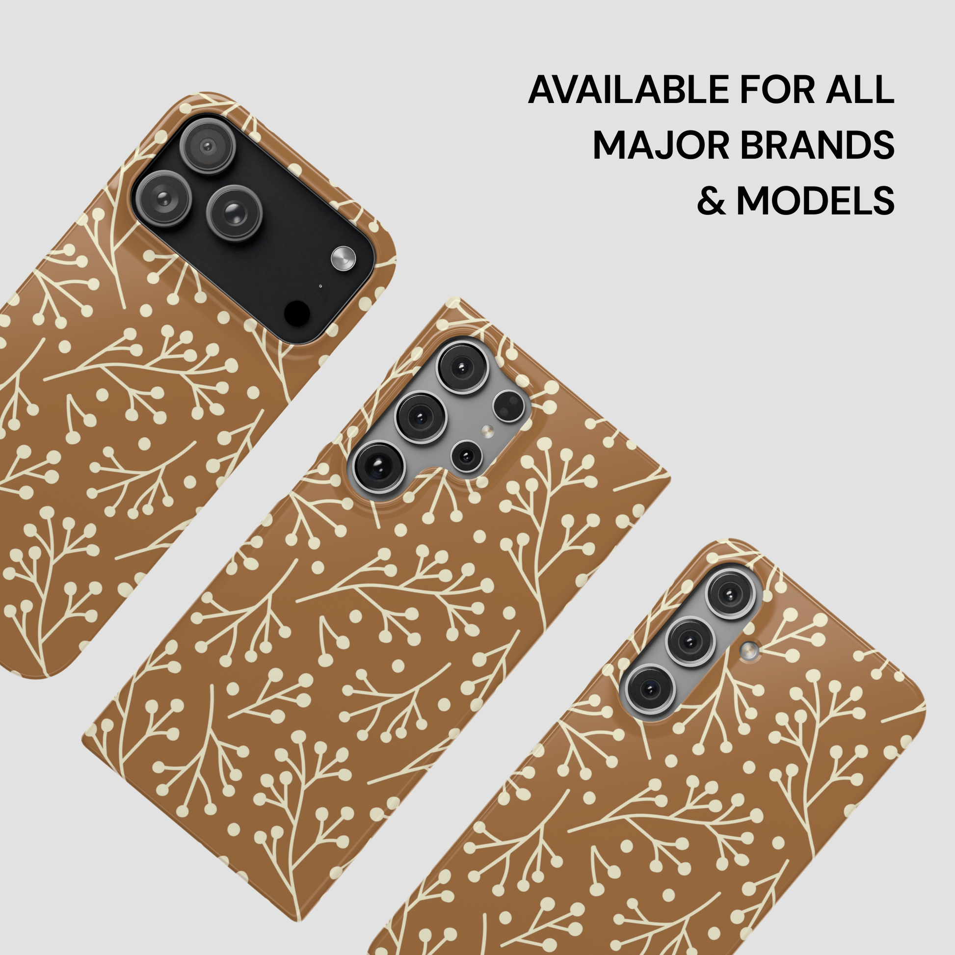 Three phone cases with a brown and white pattern on a light gray background.